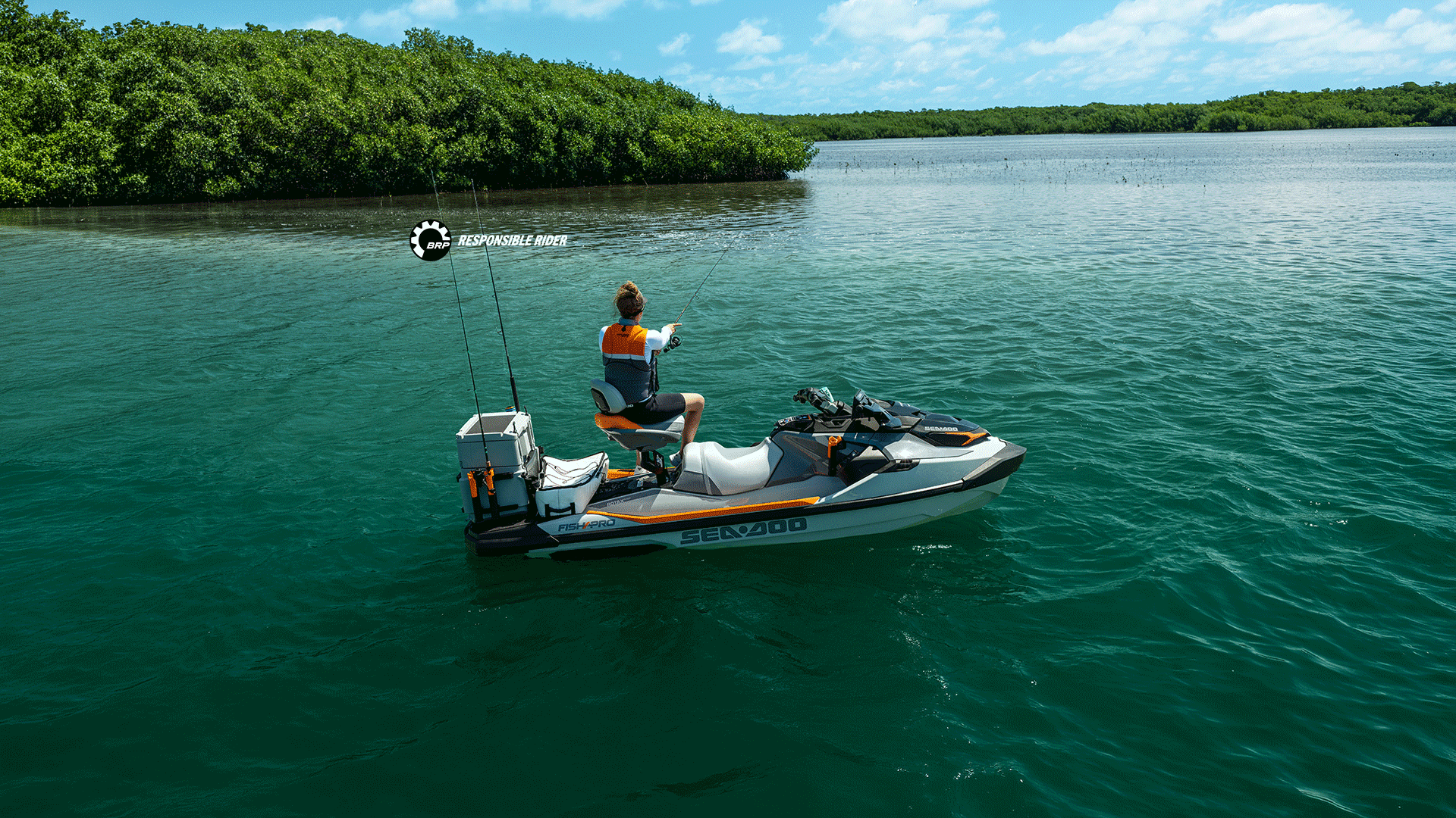 GIF showing several riders on their Sea-Doo personal watercraft, accompanied by the “Responsible Rider” logo