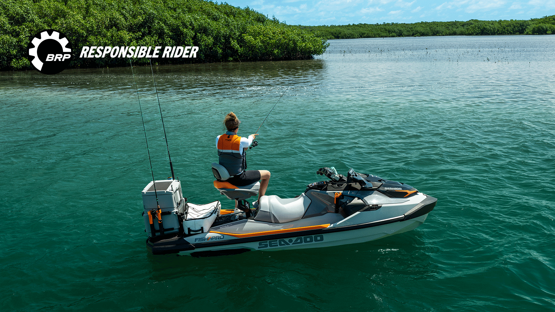 GIF showing several riders on their Sea-Doo personal watercraft, accompanied by the “Responsible Rider” logo