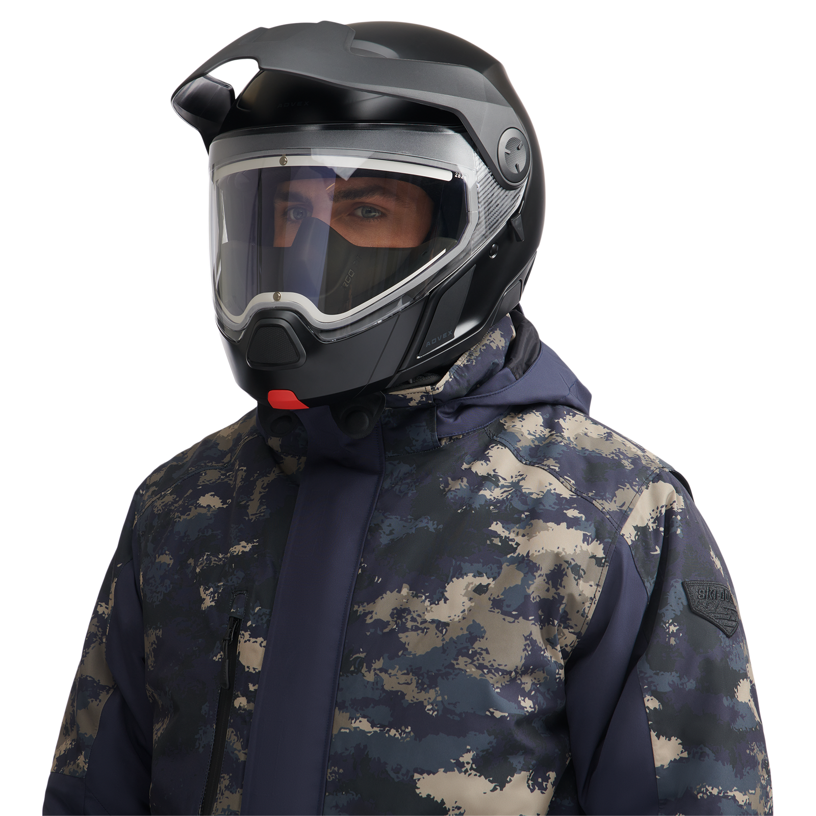 Man wearing Ski-Doo Advex Sport heated helmet with electric visor (DOT/ECE)