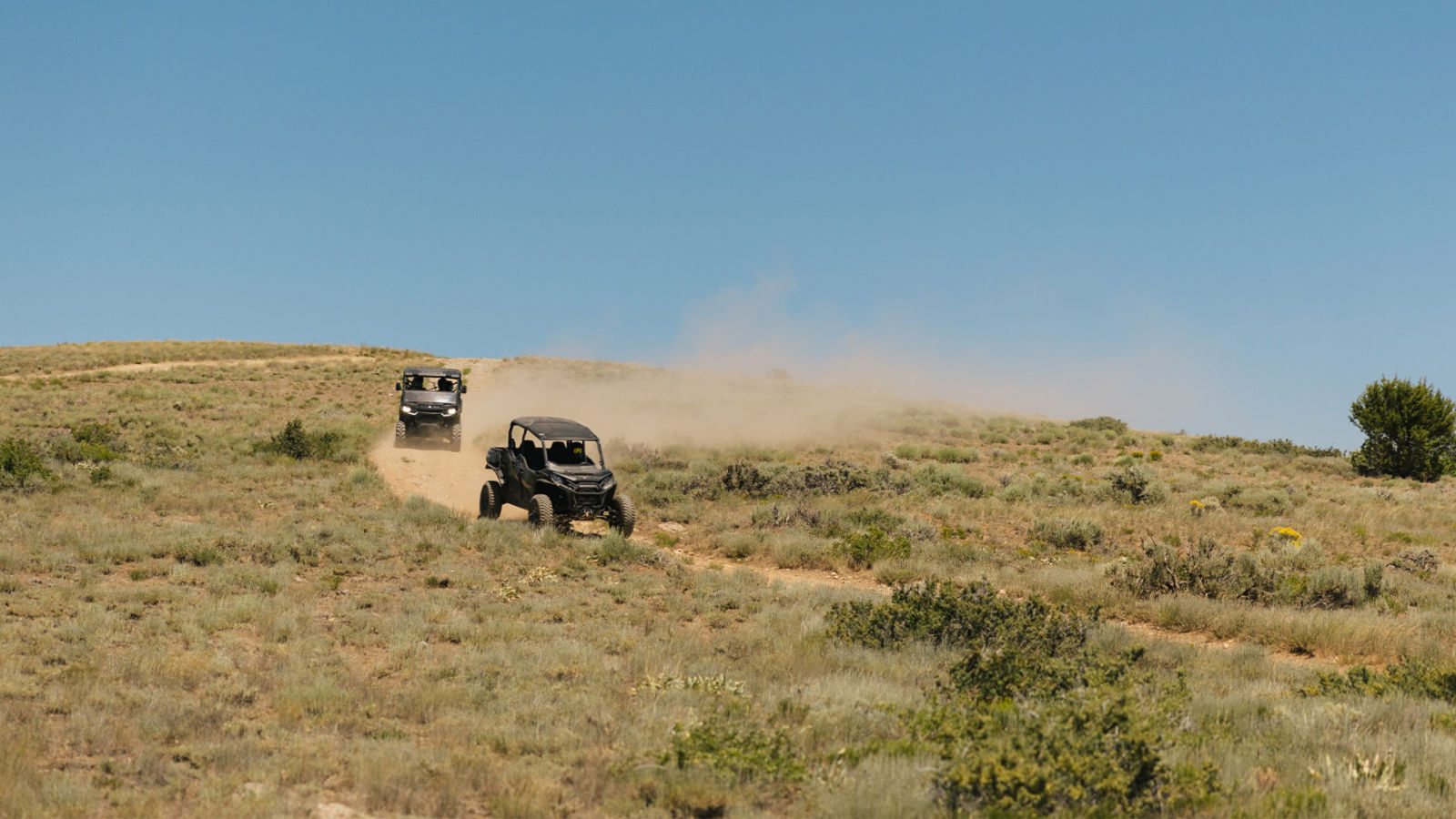 Deux véhicules côte-à-côte (VCC) de Can-Am sur un chemin de terre