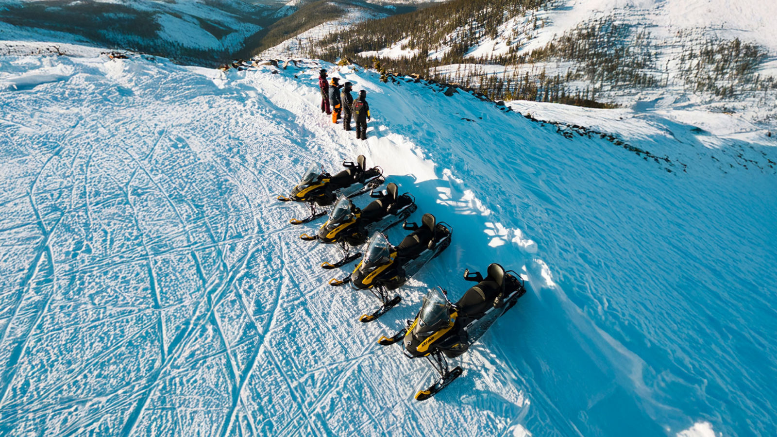 Groupe de motoneigistes profitant de la vue à partir d'une montagne