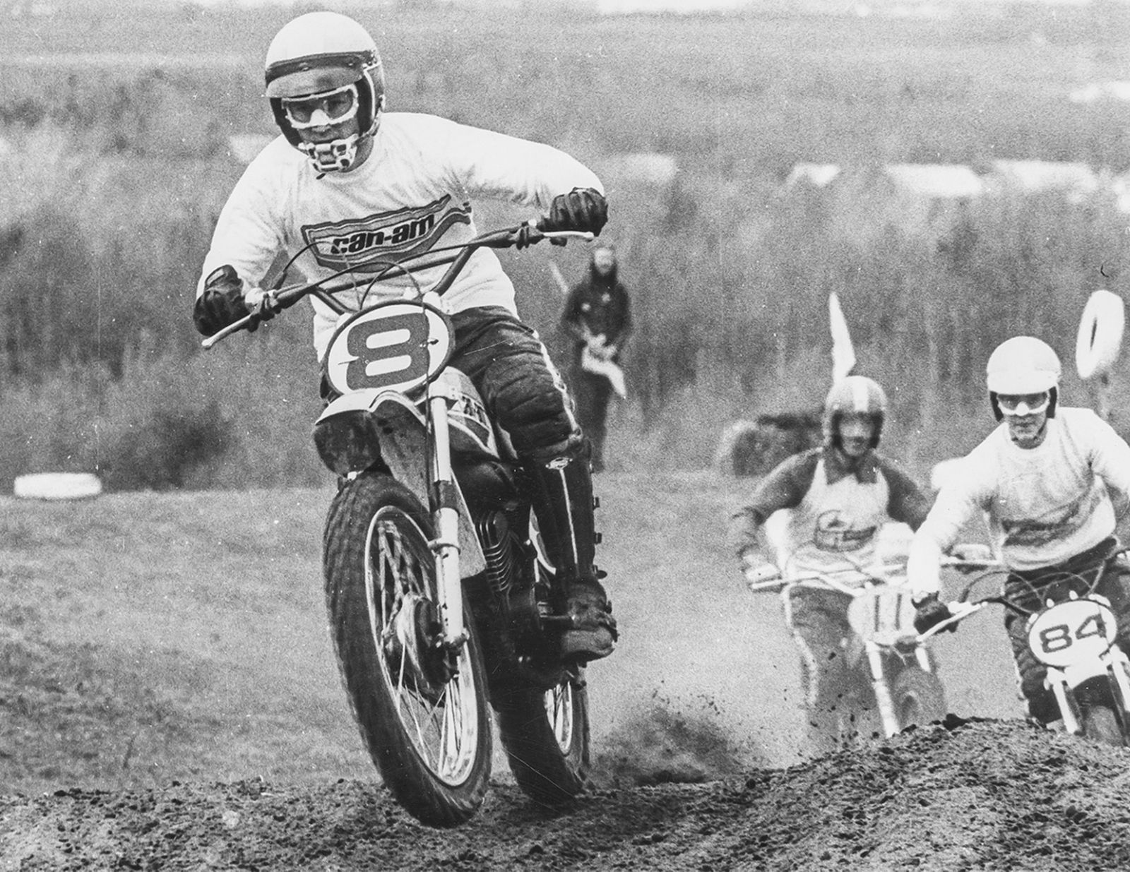 A motorcyclist on a Can-Am motorcycle in 1973 during a race