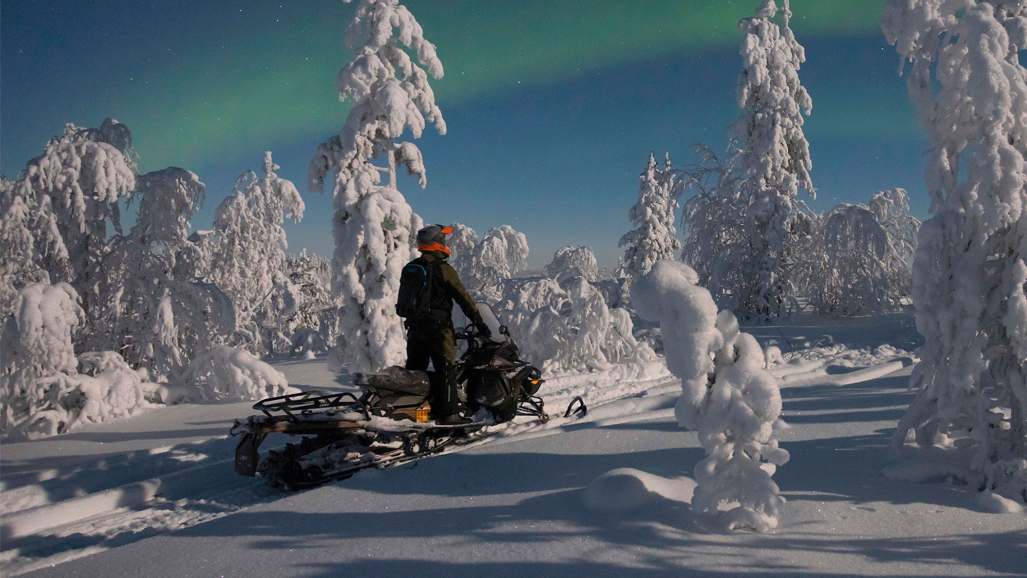 Kuljettaja ihailee revontulia pimeässä metsässä Lynx 49 Ranger ST moottorikelkan päällä