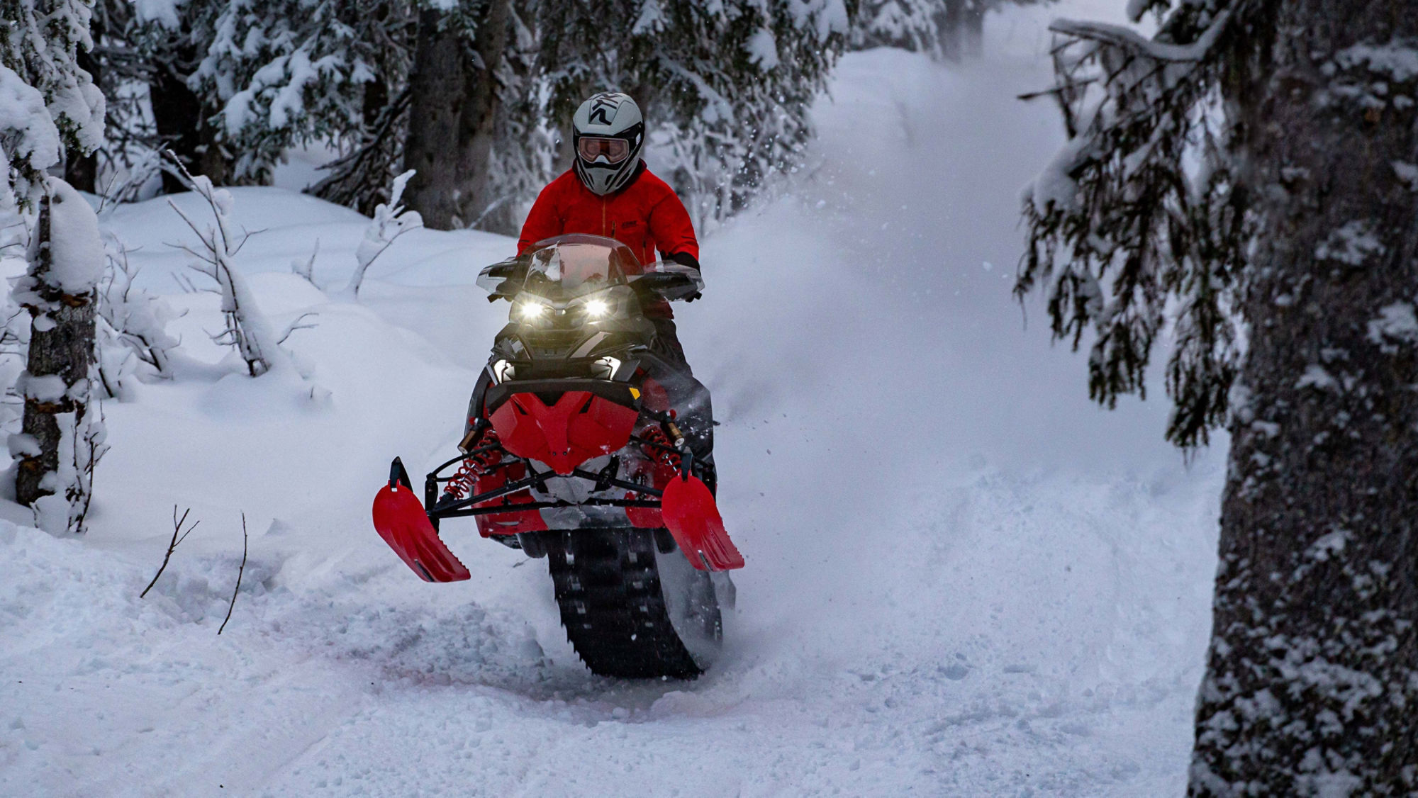 Snowmobiler riding a 2026 Lynx Brutal RE snowmobile through a snowy forest.