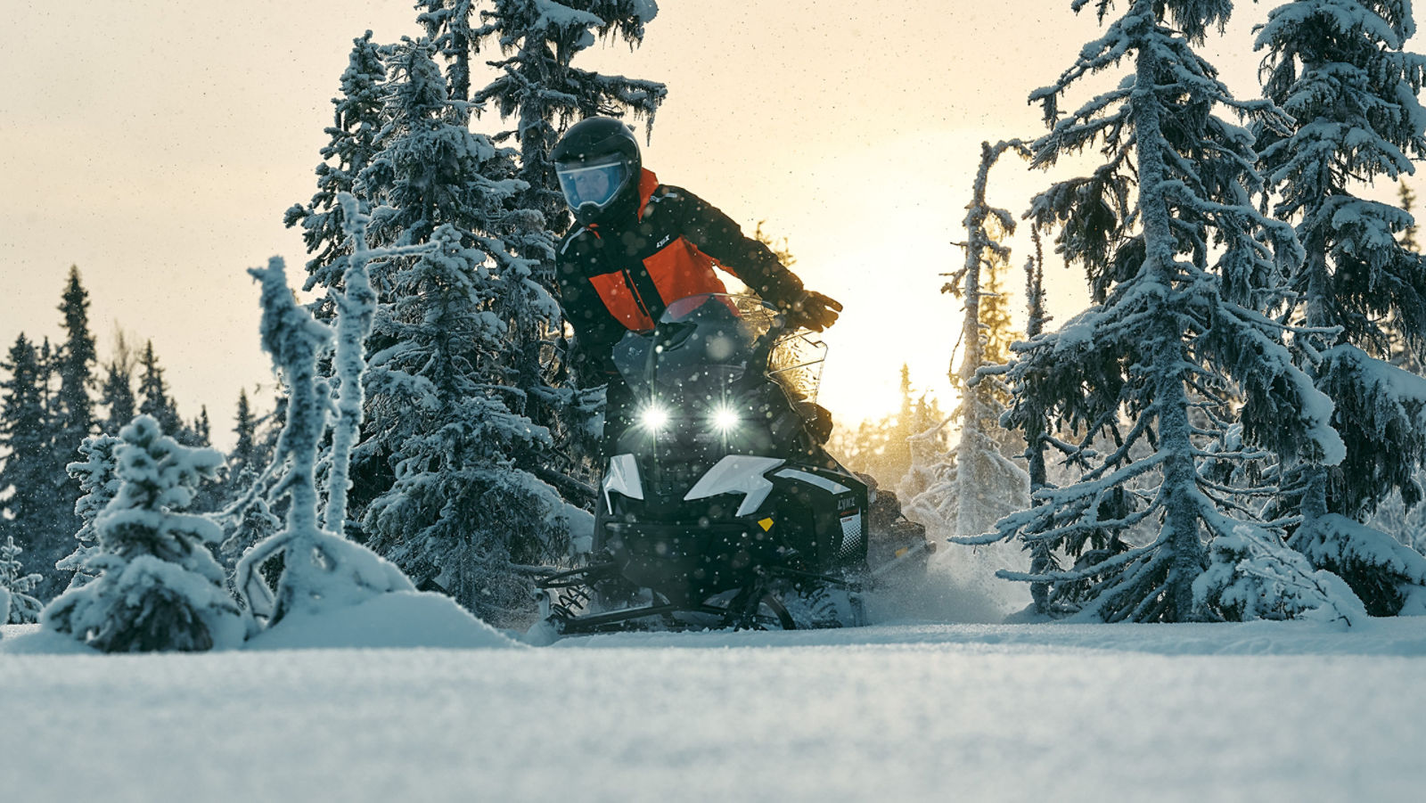 Rider riding standing up on his Lynx 49 Ranger snowmobile