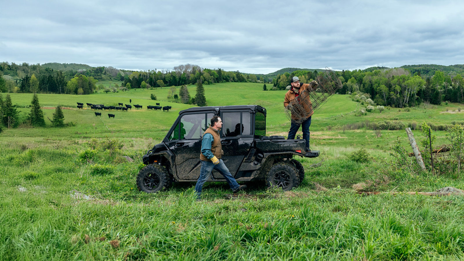 A farmer taking a break near his Can-Am Defender alongside cows