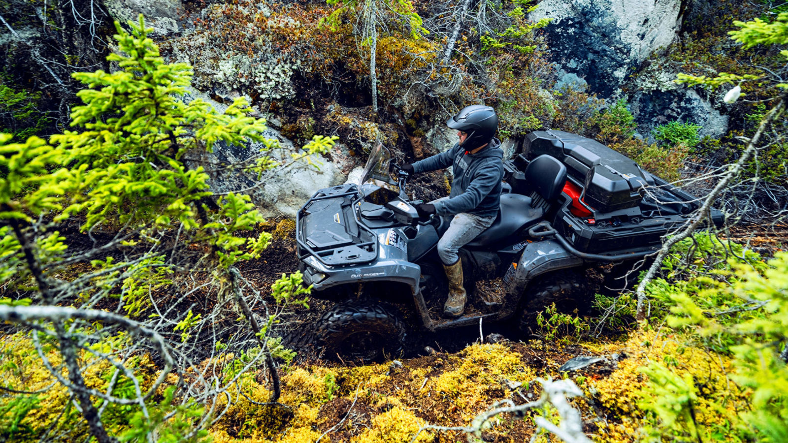 Aerial view of a rider and his Can-Am Outlander 6x6 2026 ATV in a narrow trail 