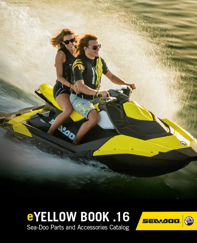 The cover of the 2016 Sea-Doo Yellowbook illustrating a couple having a good time on a personal watercraft