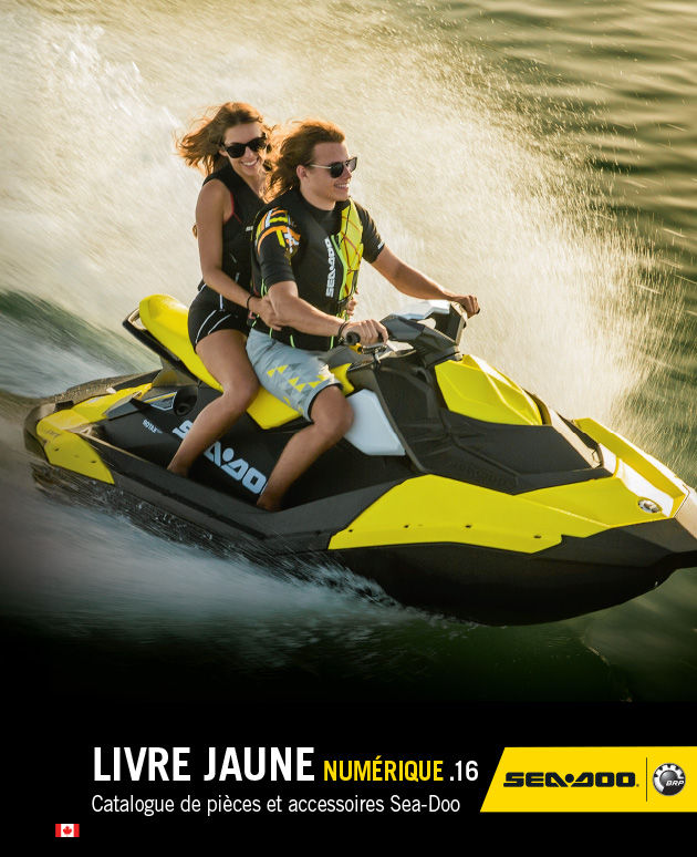 La couverture du livre jaune numérique Sea-Doo 2016 illustrant un couple qui s'amuse sur une motomarine