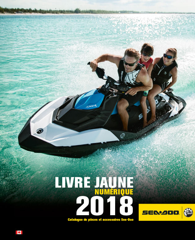 La couverture du livre jaune numérique Sea-Doo 2018 illustrant une famille s'amusant ensemble sur une motomarine