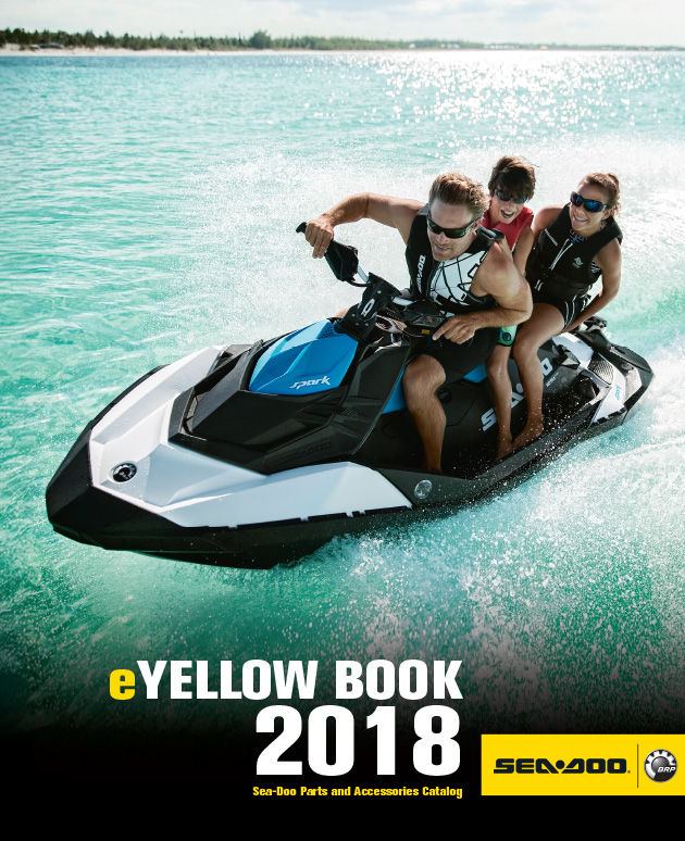 The cover of the 2018 Sea-Doo Yellowbook illustrating a family having fun together on a personal watercraft