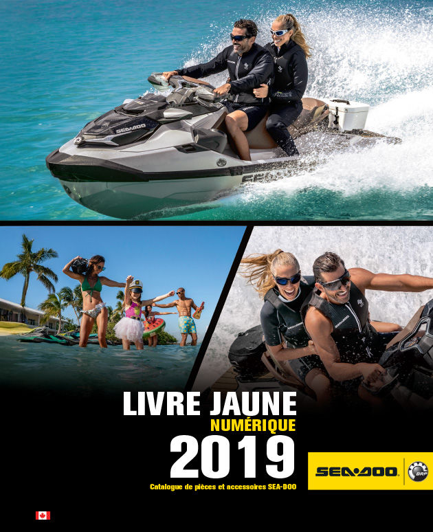 La couverture du livre jaune numérique Sea-Doo 2019 illustrant plusieurs personnes en action sur leur motomarine ou dans l'eau
