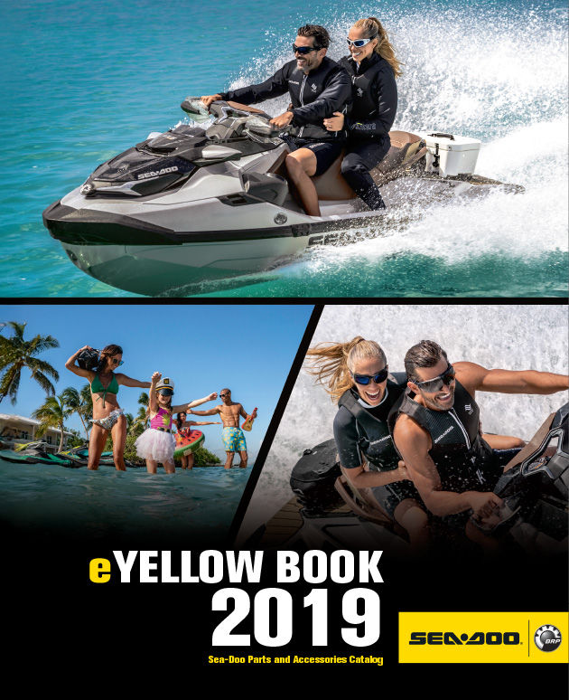 The cover of the 2019 Sea-Doo Yellowbook illustrating several people in action on their Sea-Doo watercraft or in the water
