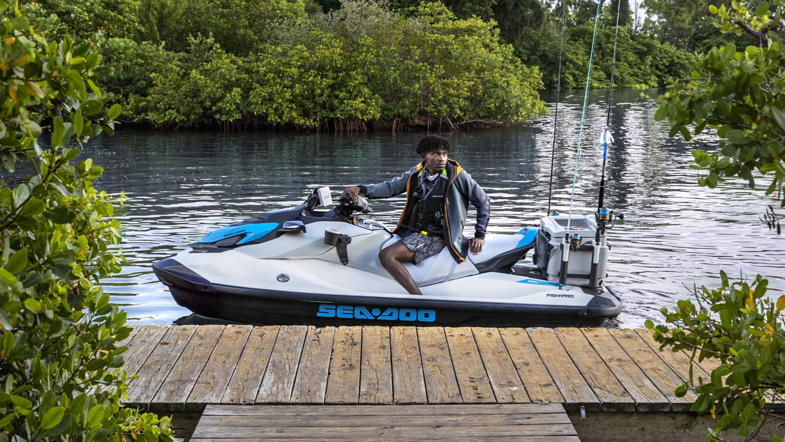 Fisherman on a Sea-Doo FishPro Scout about to leave on a fishing adventure