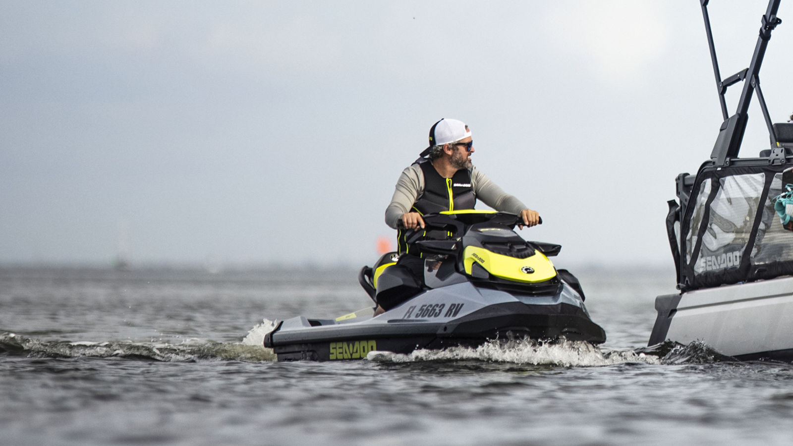 Rider idling on a Sea-Doo GTI SE PWC