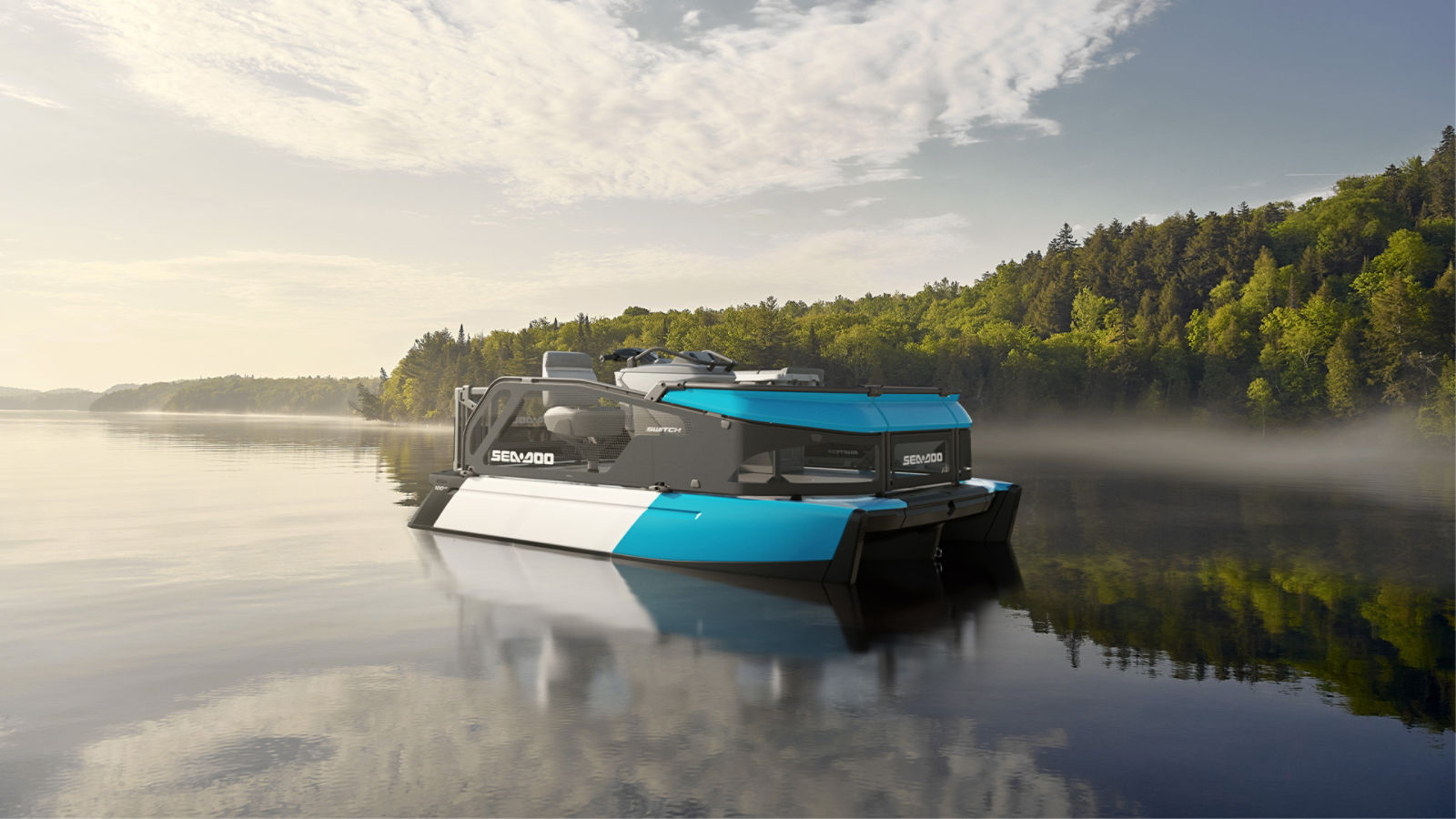 Sea-Doo Switch pontoon idling on a body of water