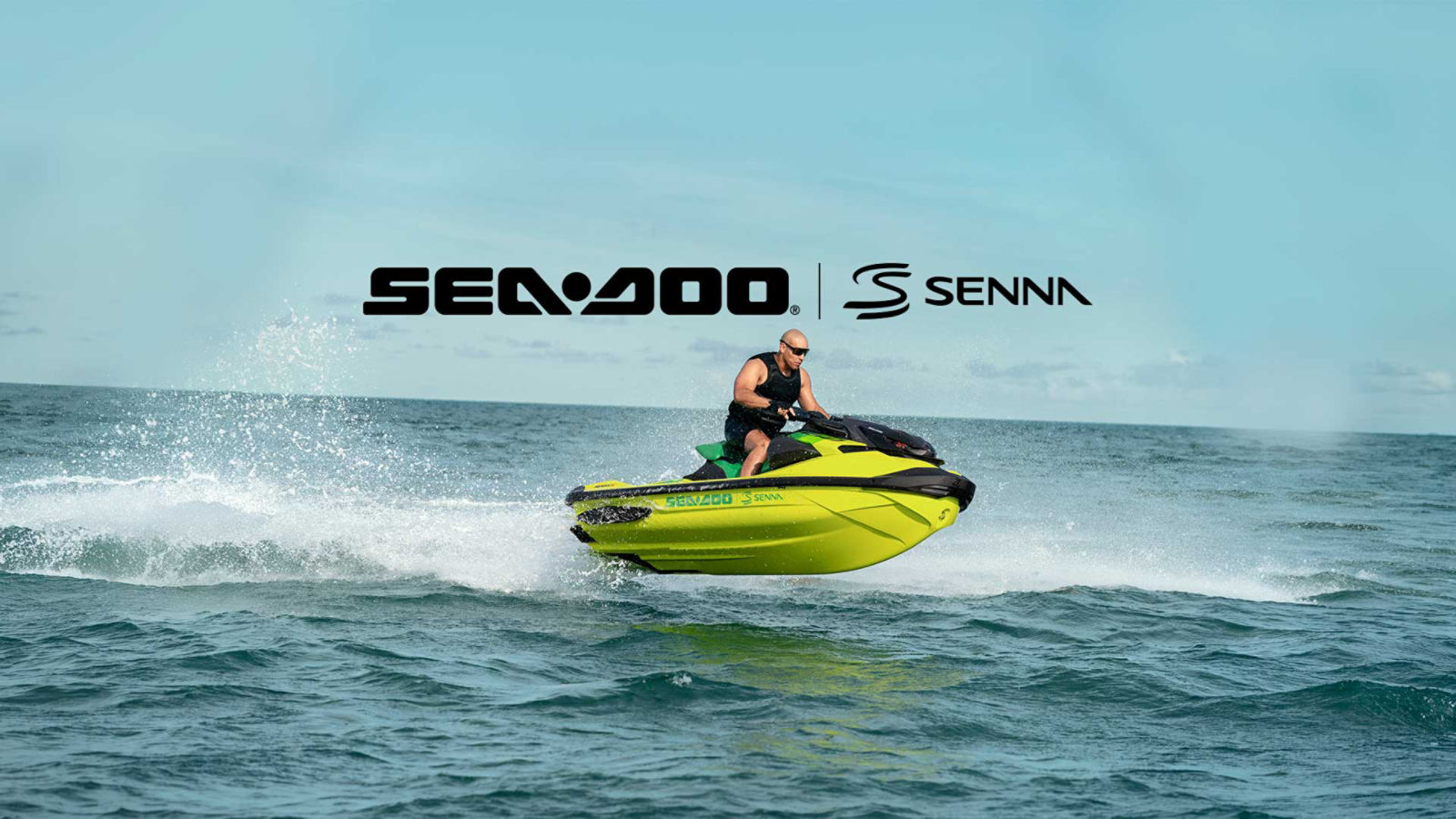 A man speeding across the water on his brand-new Sea-Doo RXP-X Senna personal watercraft
