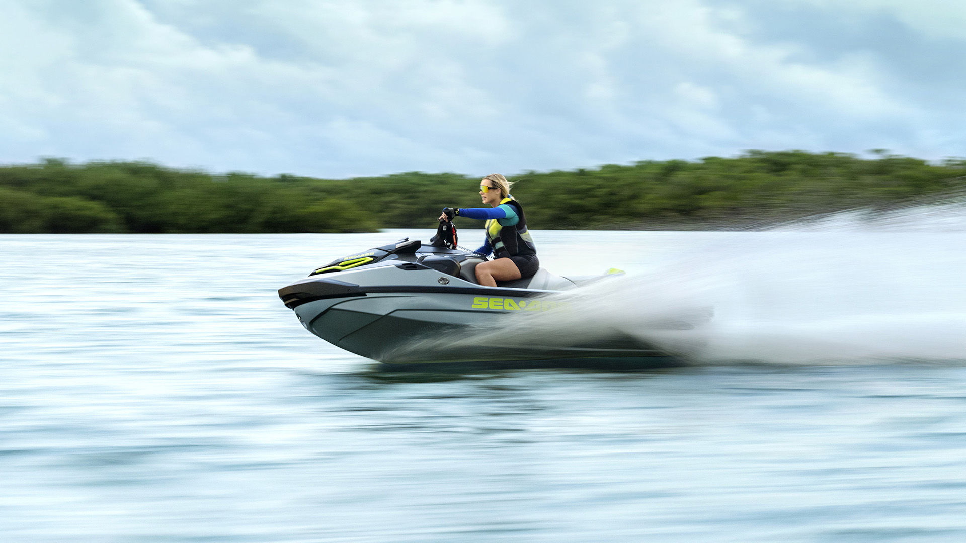 Rider turning their Sea-Doo PWC around on the lake