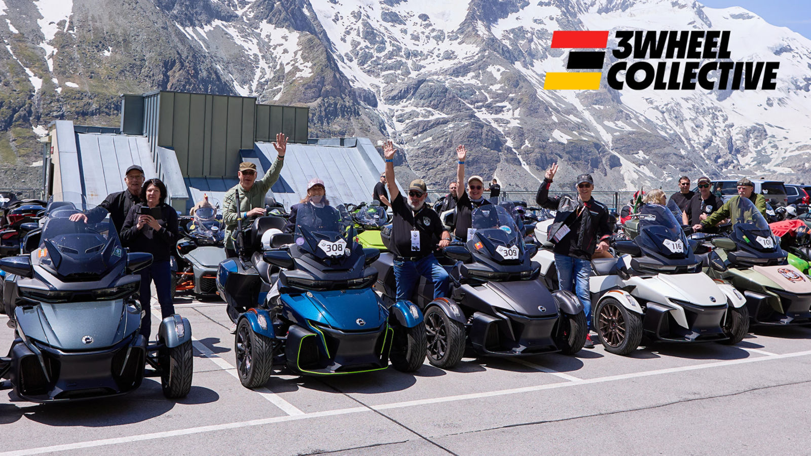 Several Can-Am Spyder riders in a line on a paved road 