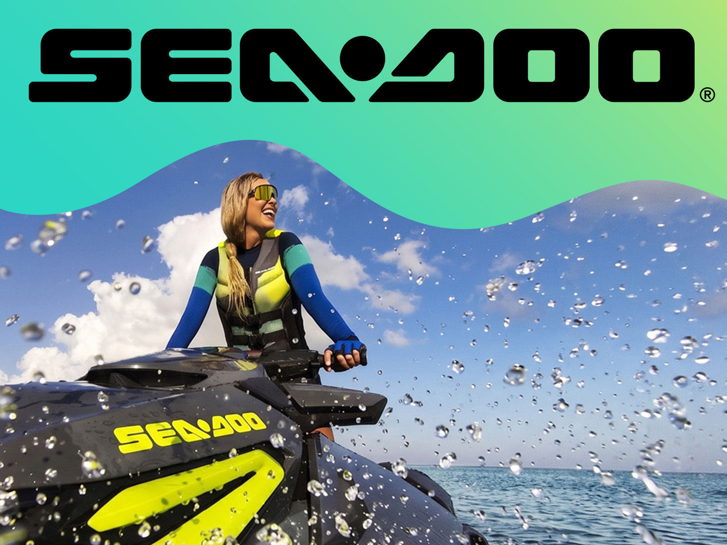 A woman wearing Sea-Doo gear on her personal watercraft on a sunny day