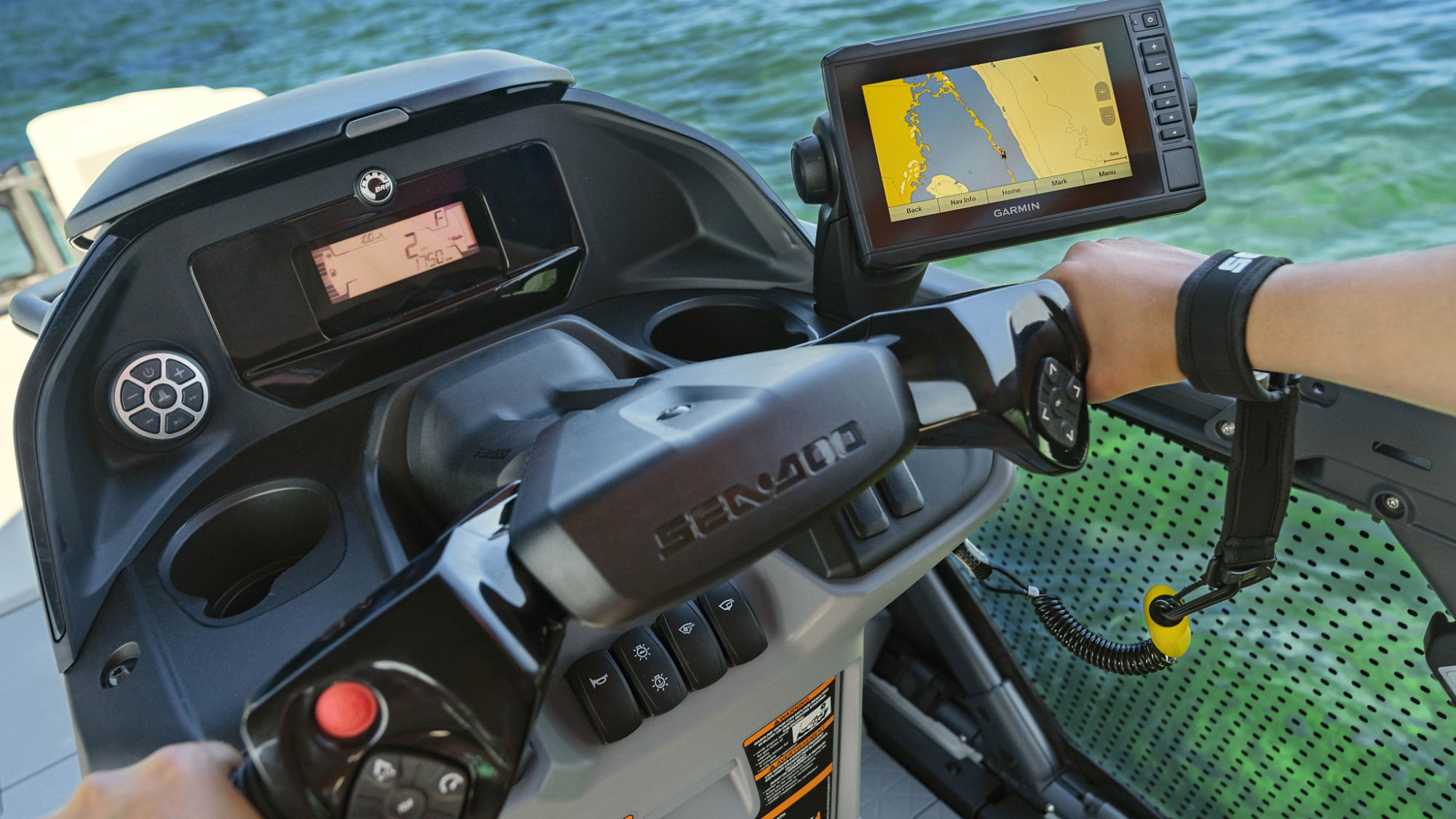 Cockpit of a 2024 Sea-Doo Switch equipped with a Garmin GPS