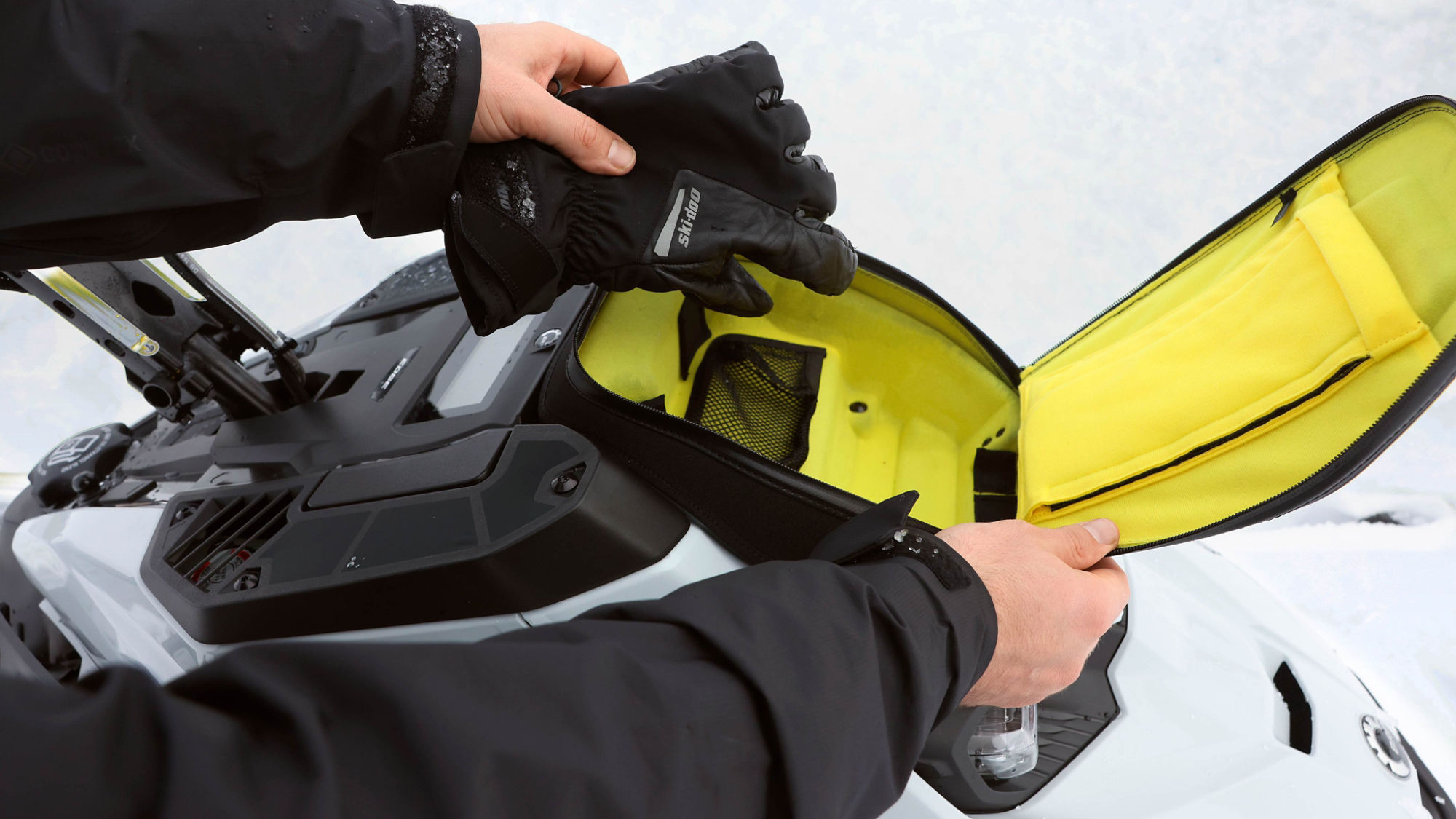 Close-up of a LinQ bag on a 2025 Ski-Doo Summit Edge snowmobile.