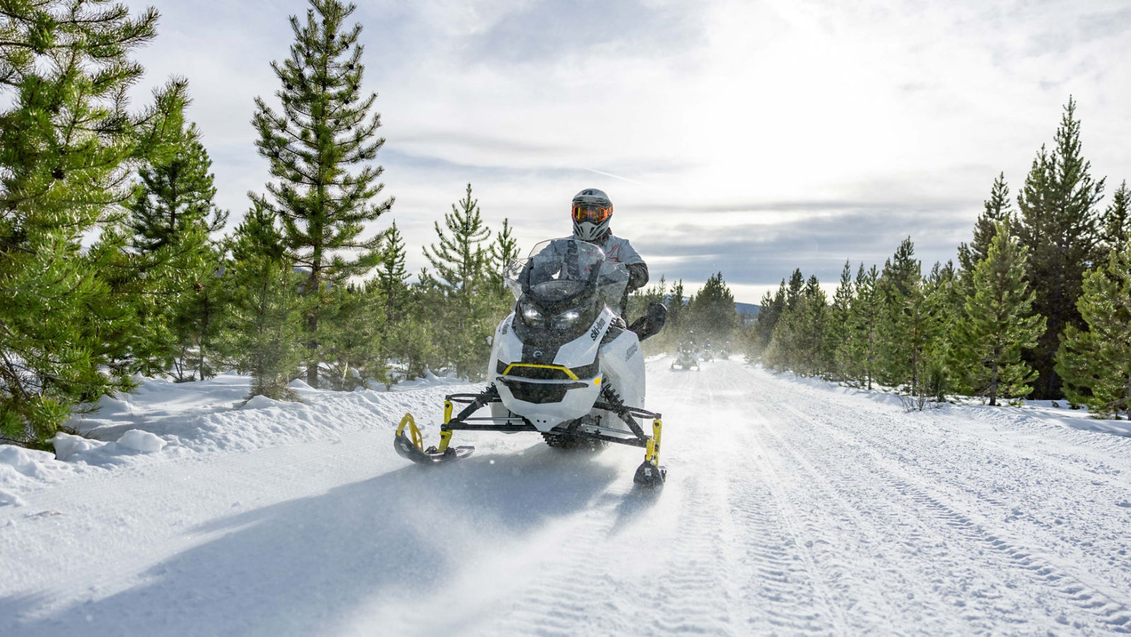 Groupe de motoneigistes en randonnée sur des motoneiges Ski-Doo sur un sentier enneigé