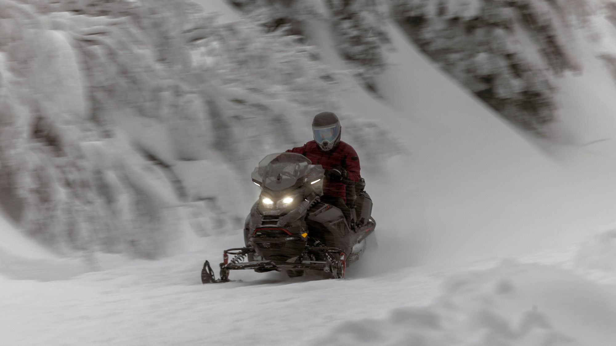 Ski-Doo Renegade 2025 allant à pleine vitesse dans une forêt enneigée