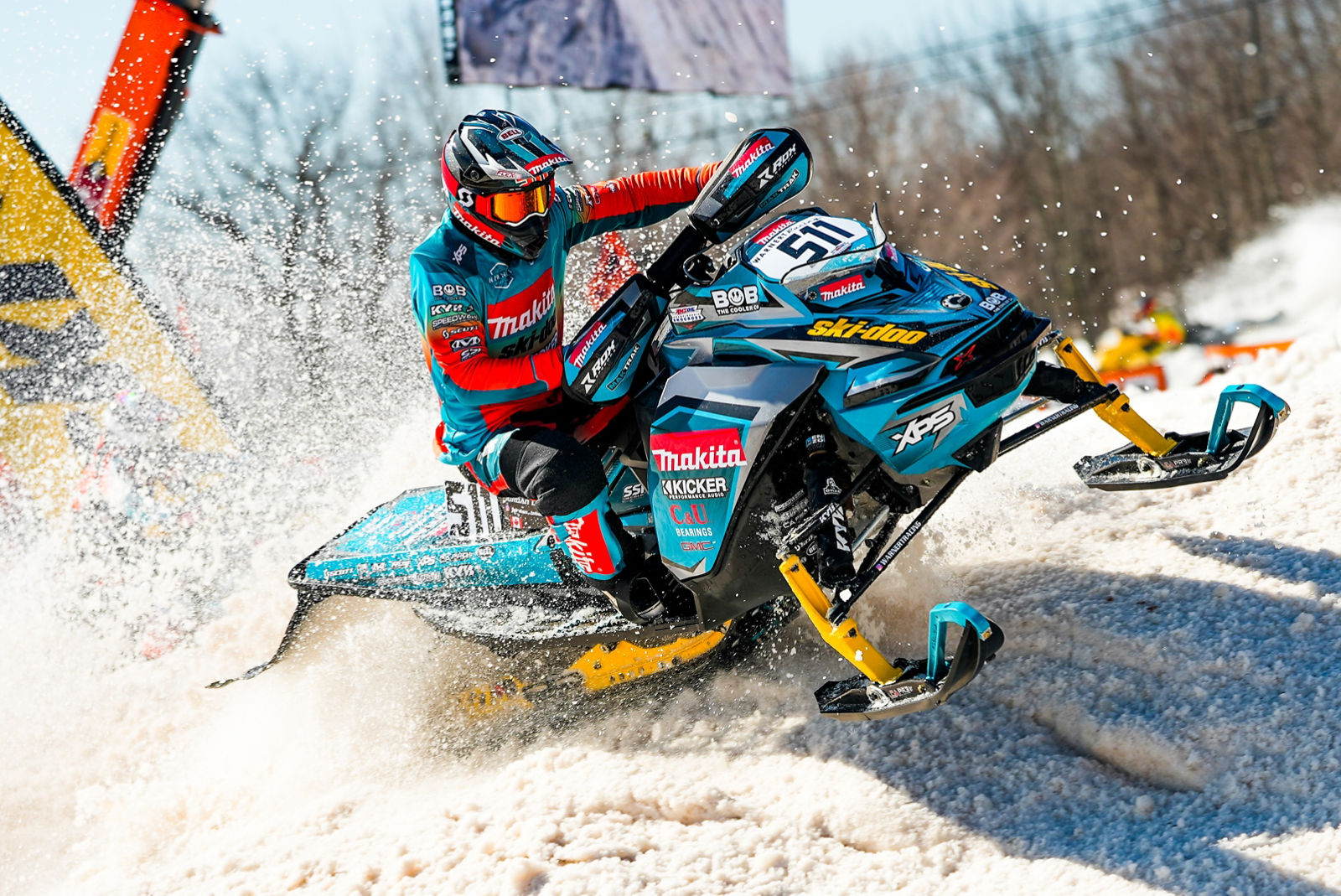 Ski-Doo snowmobile participating in a race