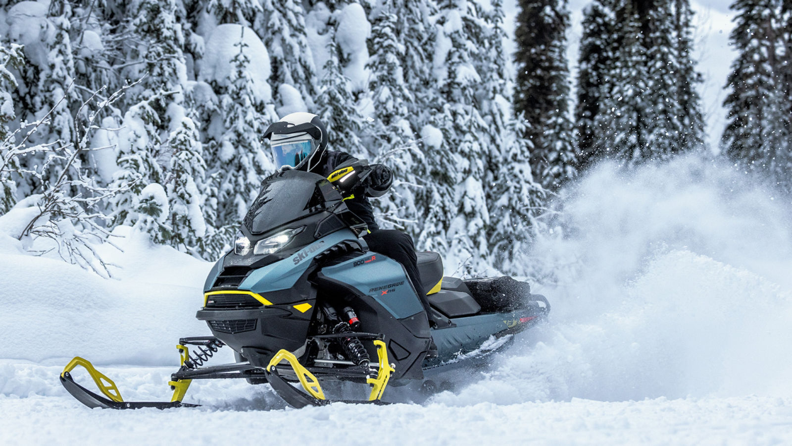 2026 Ski-Doo snowmobile riding in a snowy forest