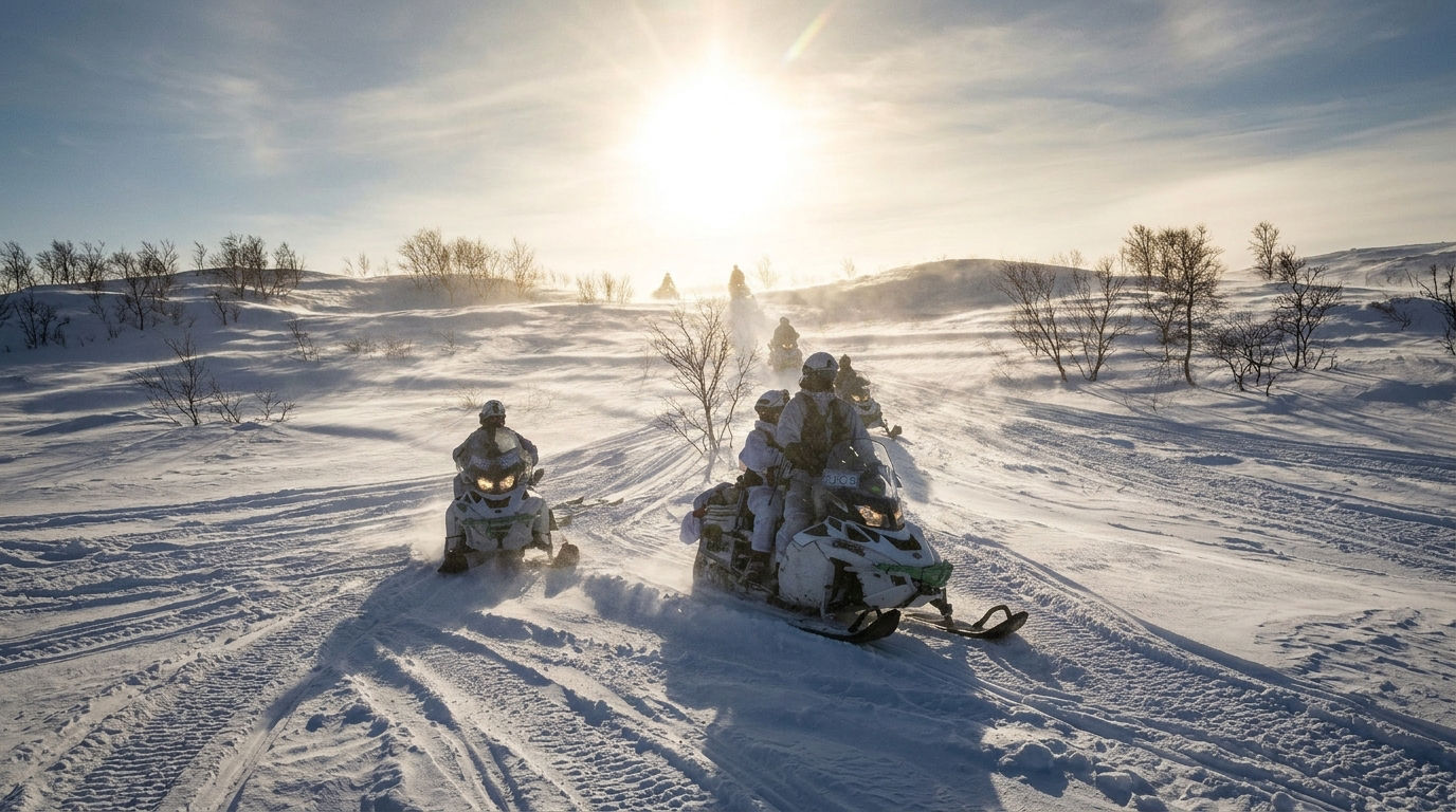 Ski-Doo snowmobiles operated by military personnel in a winter environment
