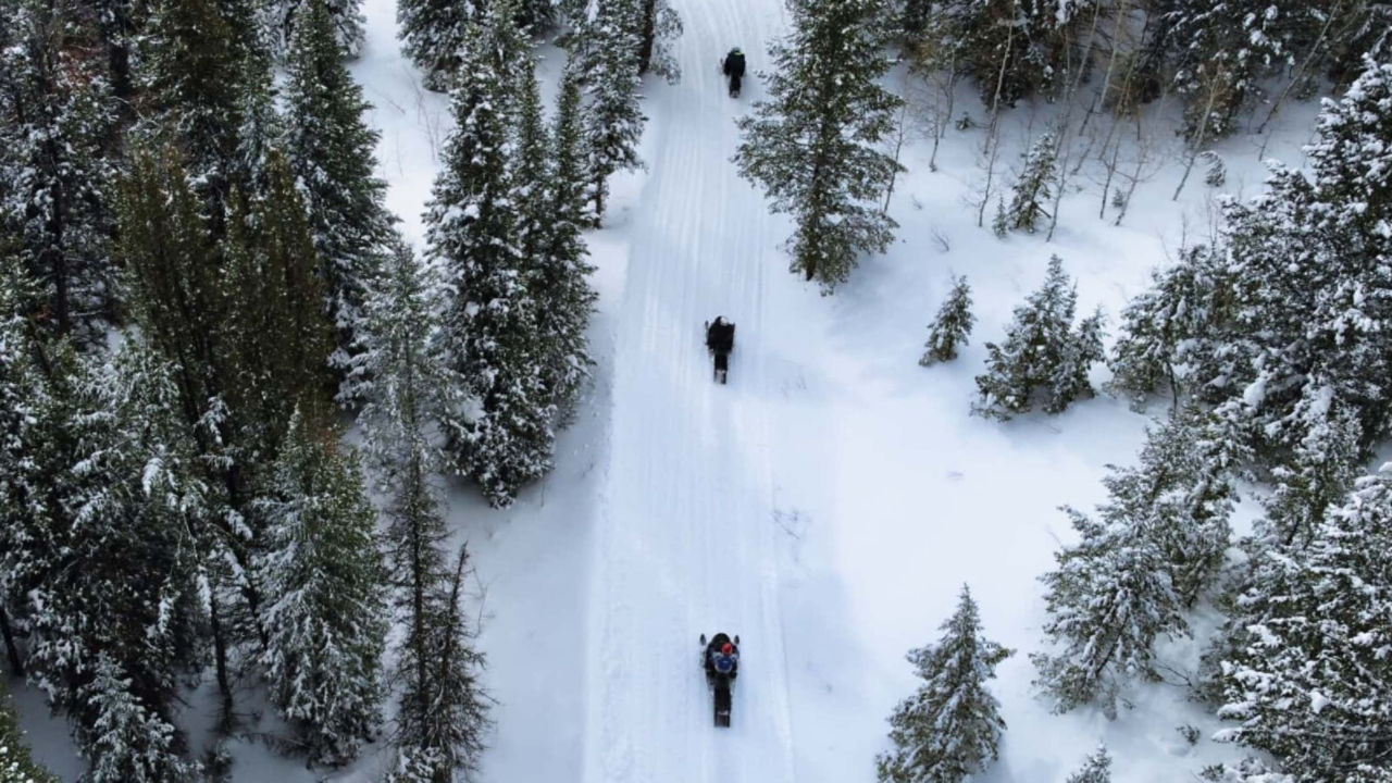drone shot of ski doo riders