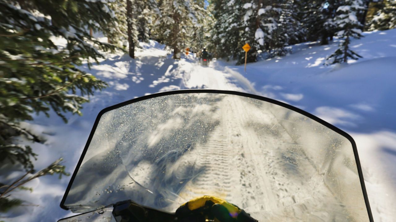 pov shot of a forest ski doo ride