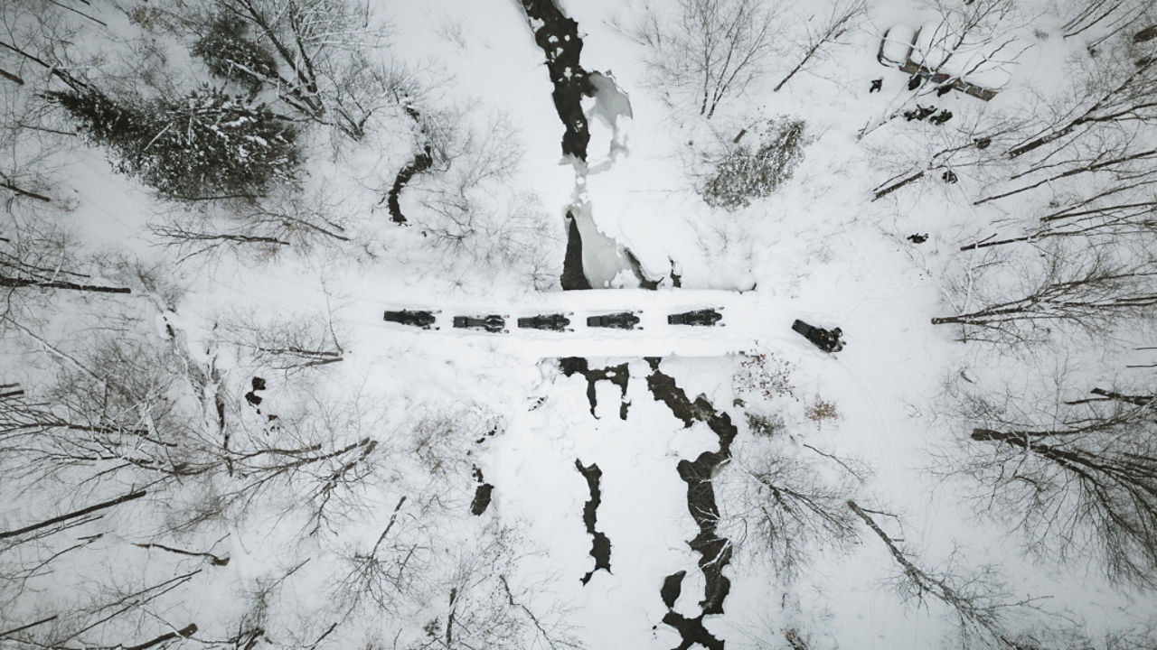 drone shot in snow