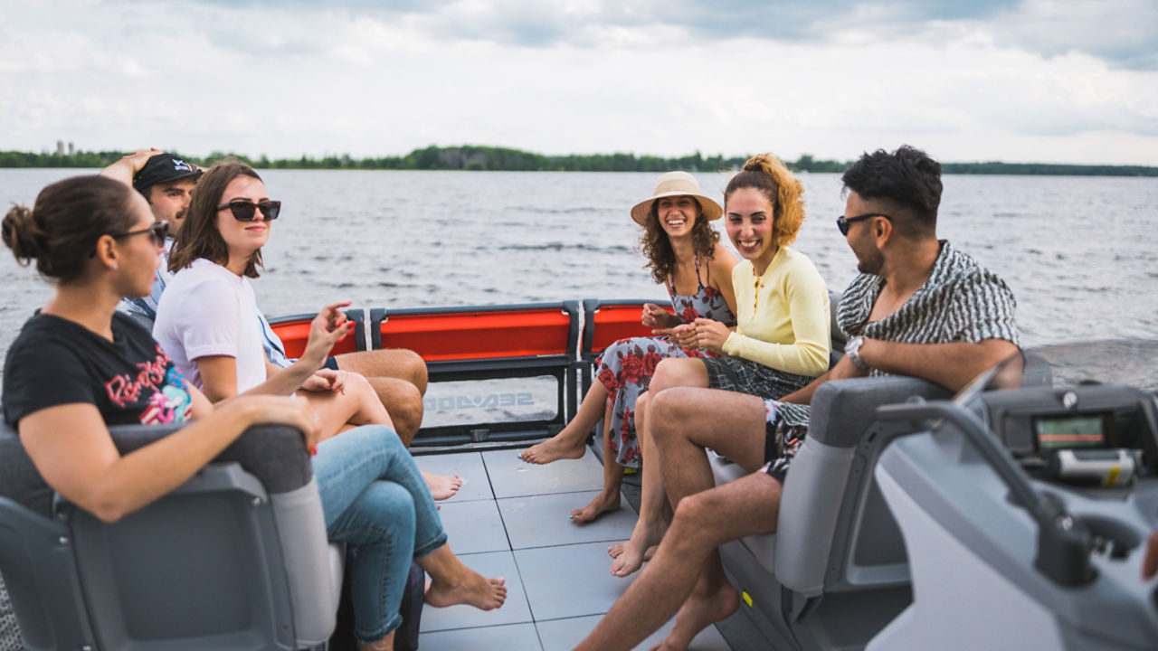 pontoon with people laughing