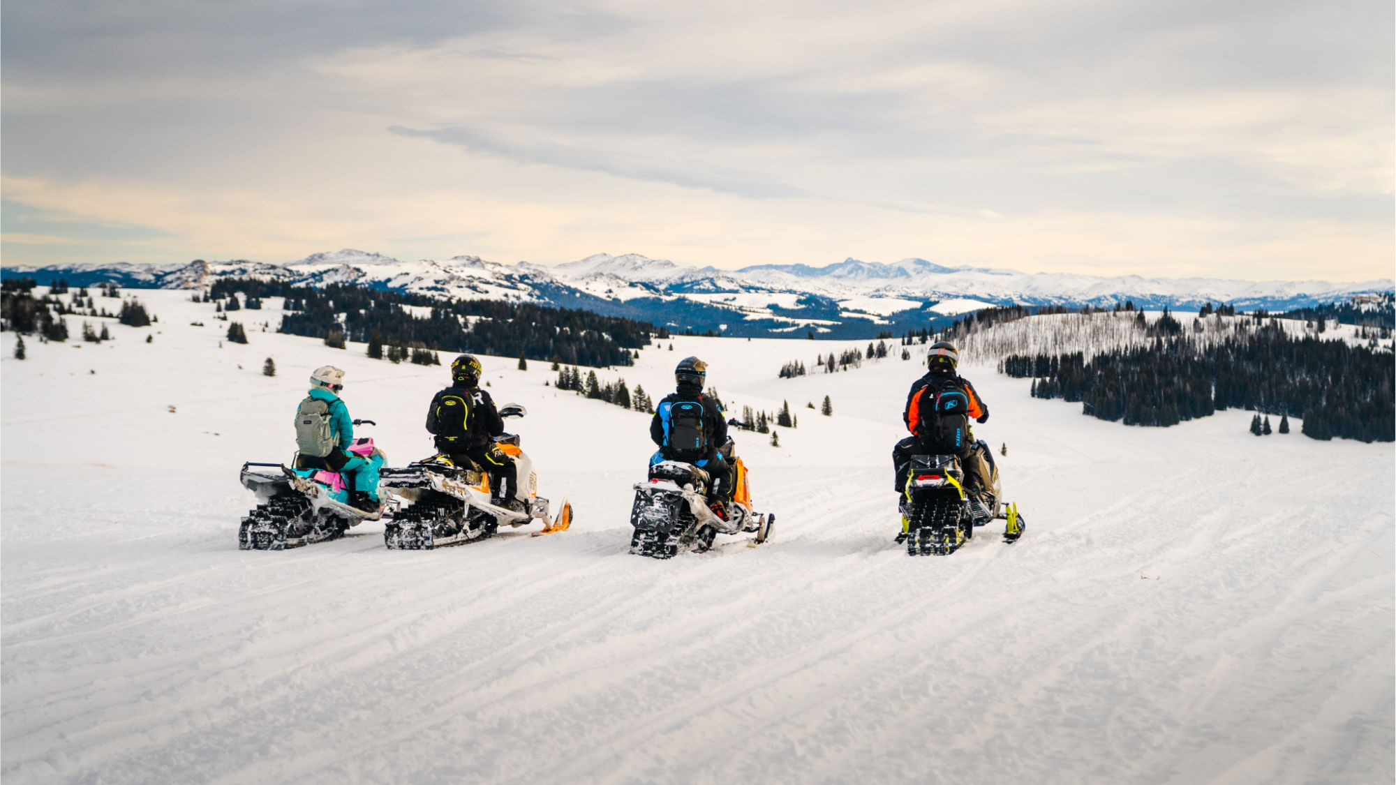 group of Ski-Doo riders looking over the Wyoming landscape