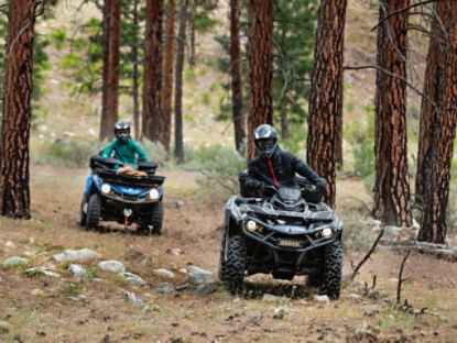 Deux personnes conduisant chacune un VTT dans les bois