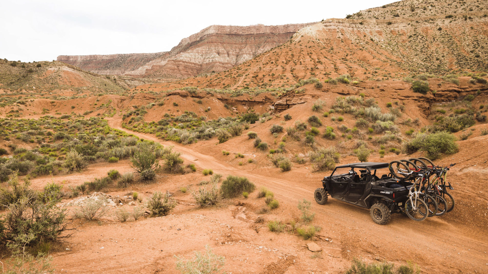 Mountain bikes on the back of a Can-Am Defender in the desert