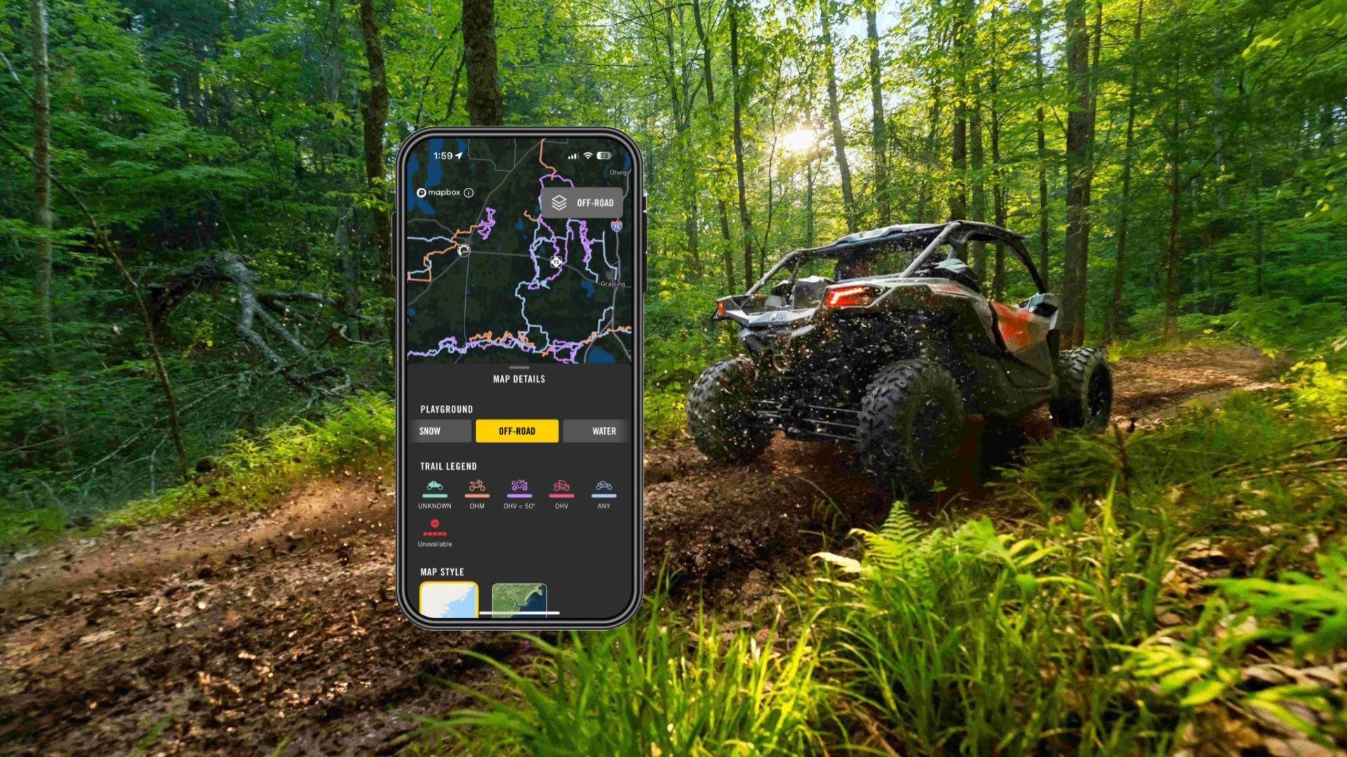 View of a Can-Am Side-by-Side (SxS) driver using the BRP GO! App.