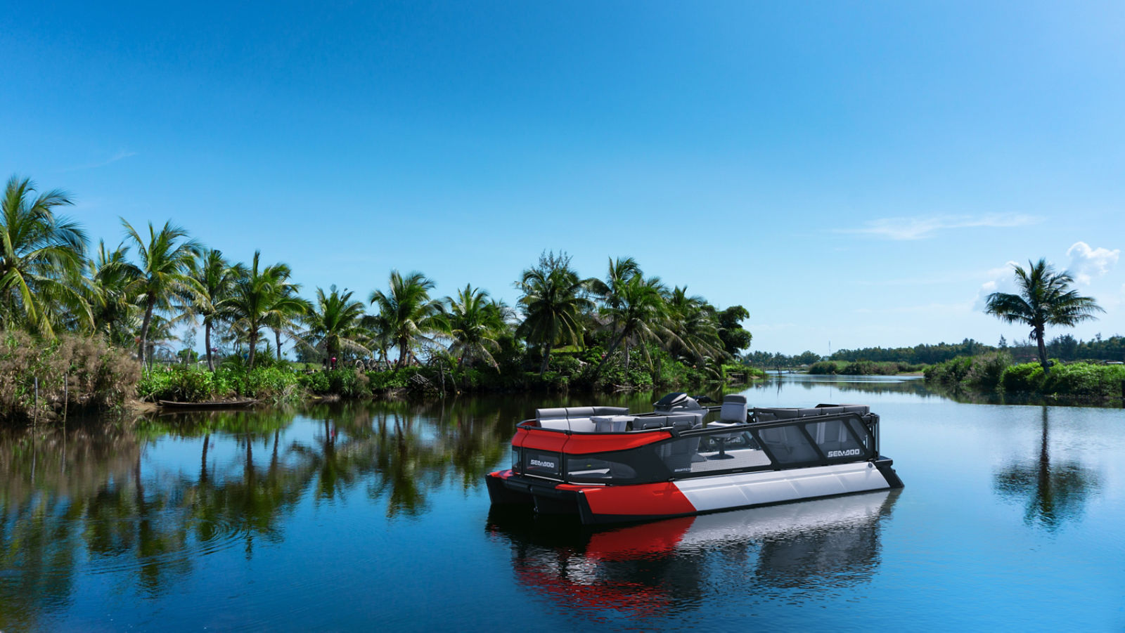 Embarcación pontón Sea-Doo en medio de una masa de agua